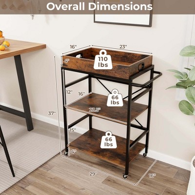 Rustic Brown and Black 3-Tier Bar Cart with Detachable Tray