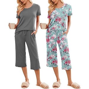 Ekouaer 2 Pack: Women's Pajamas Set Short Sleeve Sleepwear Capri Pants Pjs Soft Loungewear with Pockets - 1 of 2