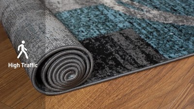 Gray and Teal Abstract Geometric Runner Rug 2'7" x 6'