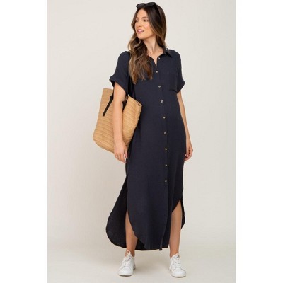 PinkBlush Charcoal Button Down Maternity Midi Dress