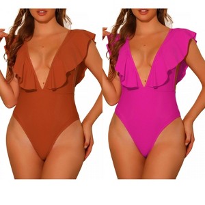 INSPIRE CHIC Women's V Neck Ruffled High Cut Tummy Control Monokini Swimwear Bathing Suit 2 Sets X-Large Hot Pink, Brown - 1 of 4