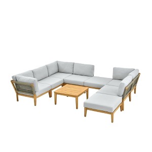 Decksplore 9PCS Rattan Wicker Patio Conversation Set Rattan corner Sofa Teak Seating Group with Coffee Table for Garden Porch Backyard - 1 of 4