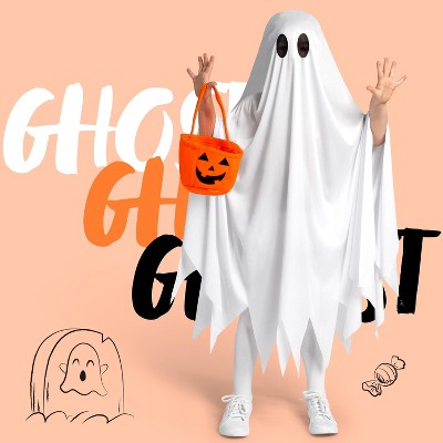 Joyfy Halloween Ghost Costume for Kids White Ghost with Pumpkin Bag for Kids' Halloween Dress Up Party for Girls' Boys' Cosplay
