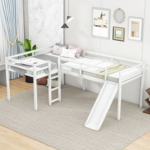 L-Shaped Twin Size Loft Bed with Ladder and Slide, White - 1 of 3