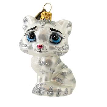 Blu Bom Silver Striped Cat Ornament  -  1 Glass Ornament 3.50 Inches -  Kitten Pet Feline Meow  -  18040  -  Glass  -  White