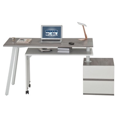 Grey and White Corner Computer Desk with Drawer and Keyboard Tray
