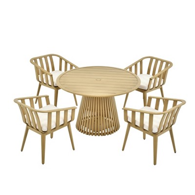 Decksplore 5 Piece Outdoors Round Dining Table Set, Aluminum Kitchen Dining Table Set with Holes, Dining Room Furniture with Cushion for Party
