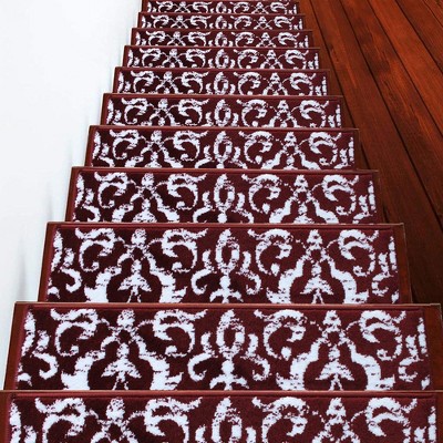 Red and White Floral Anti-Slip Carpet Stair Treads, 9'' x 28''