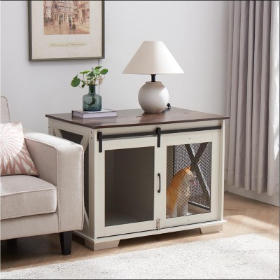 Dog Crate Furniture Pet Cage For Small/Medium/Large Dogs, Wooden Flip-up Top Opening Kennel With Sliding Barn Door, Pet Crate Side End Table