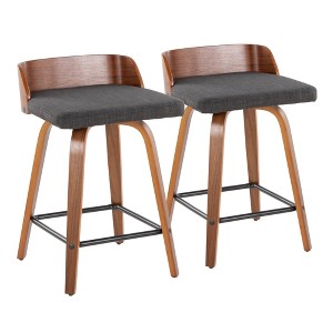24" Fabric Mid-Century Modern Fixed Counter Stool with Bent Wood Back, Cushioned Seat, and Square Metal Footrest, Set of 2 - 1 of 4