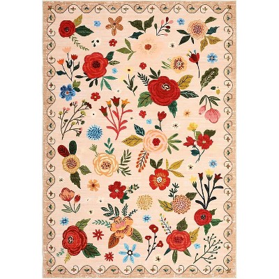 Beige and Red Floral Synthetic Square Area Rug, 8' x 10'