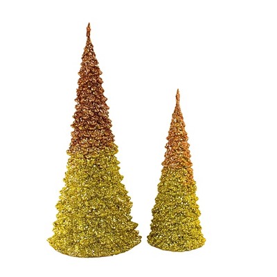 Gold and Copper Glitter Ombre Lighted Holiday Tree Figurines, Set of 2