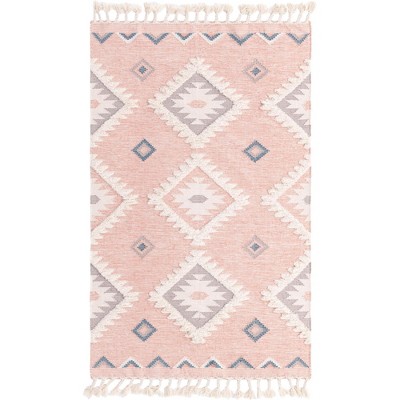 Handmade Pink Wool Geometric 5x8 Area Rug with Fringe