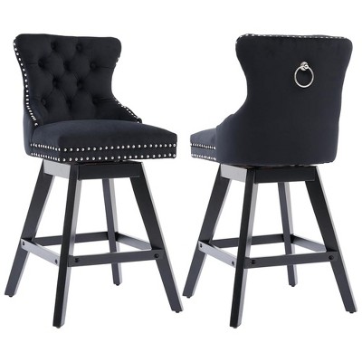 SKRAN Velvet Swivel Bar Stools, Upholstered Counter Chairs Set of 2, with Rivet Trim, Solid Wood Legs and Button Tufted Back for Dining Room and Bar