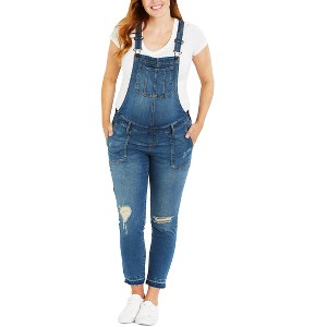 Women's Indigo Blue Side-Panel Letdown Skinny Ankle Denim Overalls | Motherhood Maternity - 1 of 4