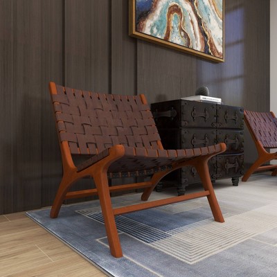 Handcrafted Brown Leather and Wood Slipper Chair