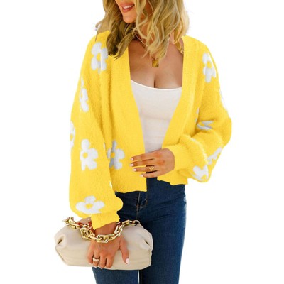 Womens Cardigan Floret Sweater Knit Sweater Cardigan Long Sleeve Warm Knitwear Cropped Cardigan with Lantern Sleeve,Yellow£¨Unfluffy Style£© - L