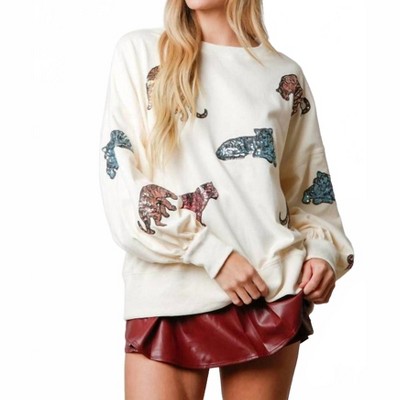 Women's Sequin Tiger Print Pullover Sweatshirt - Peach Love S