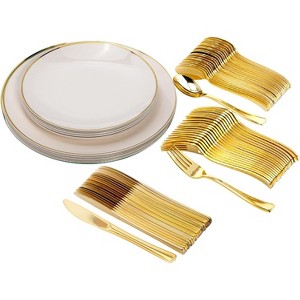 Trendables Ivory Wedding Plates with Cutlery Service for 40 Plastic Plates ivory with gold rim and Plastic Cutlery - 1 of 4