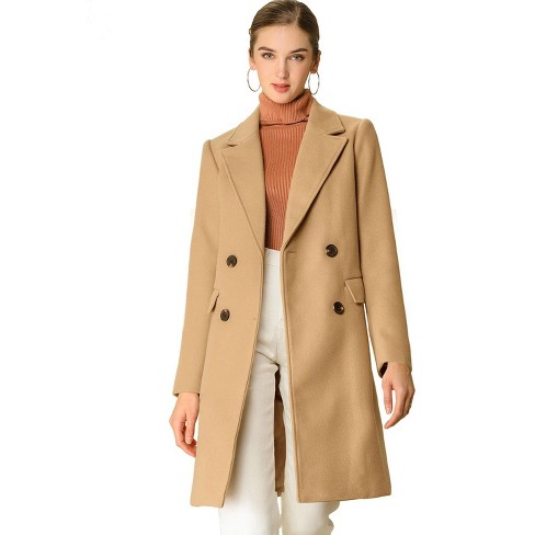 Allegra K Women's Notch Lapel Double Breasted Belted Mid Long Outwear  Winter Coat Khaki Large