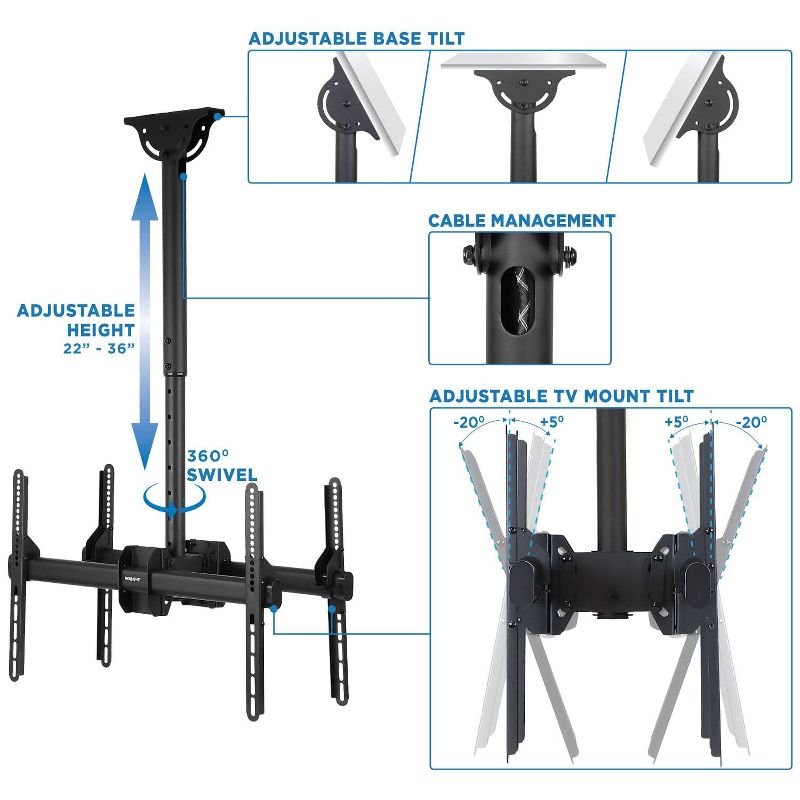 Mount-It! Dual Screen TV Ceiling Mount for 37" to 70" TVs, Telescoping Adjustable Height Pole, Ceiling Bracket Fits Vaulted and Sloped Ceilings, 2 of 8