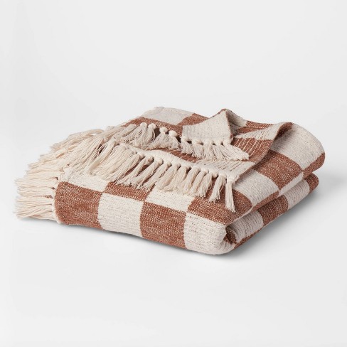 Brown Checkers Shredded Throw, Brown and Beige - Bedding