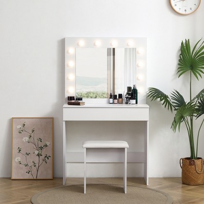 Gulches Vanity table with large lighted mirror, makeup vanity dressing table with drawer, 1pc upholstered stool for Women, Girl , white