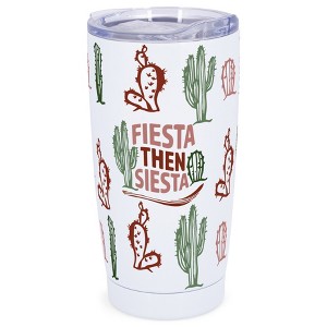 Elanze Designs 20 oz Stainless Steel On the Go Insulated Travel Tumbler With Push Top Lid, Fiesta Then Siesta Succulent Cactus White - 1 of 4