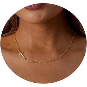 Gold Sideways Cross Necklace for Women, 14K Gold Plated Simple Everyday Choker - 1 of 4