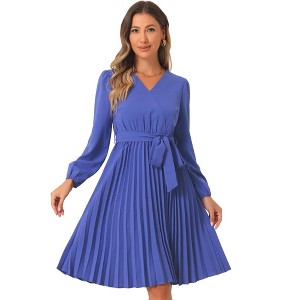 Allegra K Women's V Neck Puff Long Sleeve Flowy A Line Tie Waist Pleated Casual Dress - 1 of 4