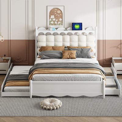 Whisen Queen Size Wooden Storage Platform Bed with 2 Big Drawers, USB Ports and Trundle