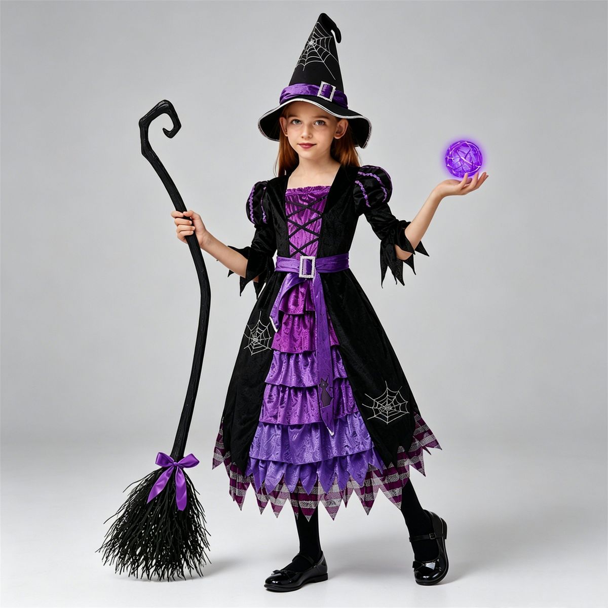 Joyfy Halloween Fairytale Witch Costume for Girls – Deluxe Set with Broom, Hat & Dress (Magic-Themed!)
