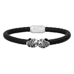 Steeltime Men's black braided leather and stainless steel skulls bracelet. Color Option: Silver, Gold - 1 of 4