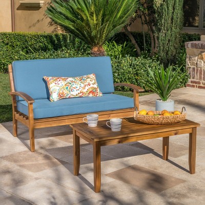 Outdoor Sectional Sofa Set, 2 Pcs Sofa Set with Loveseat and Coffee Table, Loveseat Sofa with Acacia Wood Frame and PE Cushion-Coolbibila