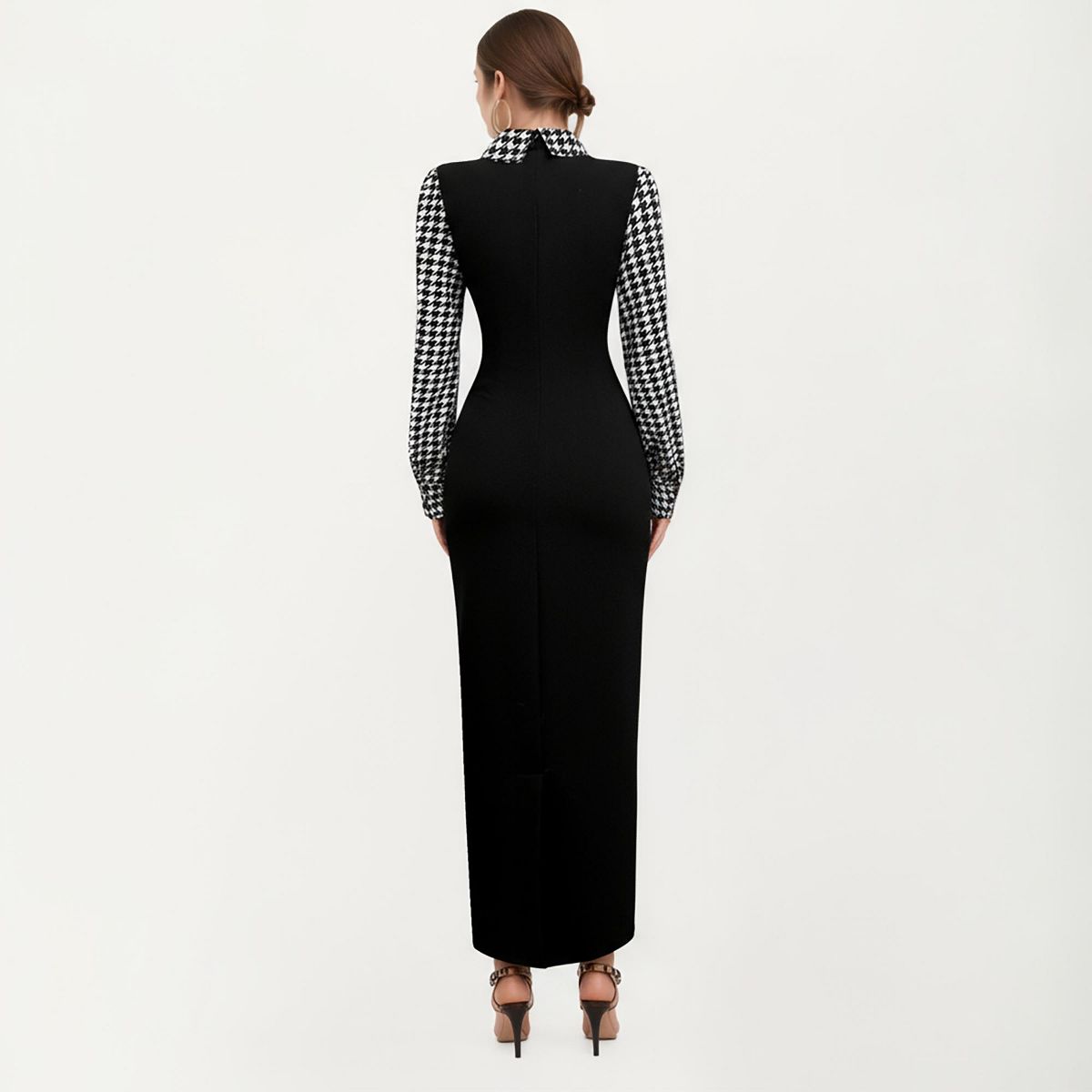 Anna-Kaci Women's Long Sleeve Houndstooth Collar Maxi Dress with Fitted Silhouette and Contrast Design - thumbnail 3