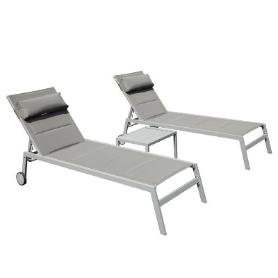 78.3'' Gray Outdoor Patio Chaise Lounge Set of 3 with Side Table and Wheels Adjustable Recliner All Weather