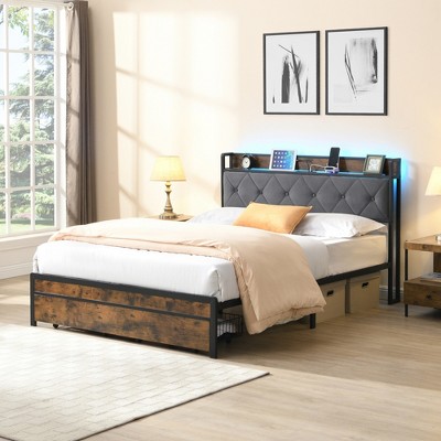 King Size Bed Frame with LED Lights, Upholstered Headboard, and Two Drawers for Bedroom or Apartment
