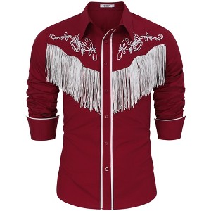 Men's Western Cowboy Fringe Shirts Long Sleeve Embroidered Slim Fit Casual Button Down Shirts - 1 of 4
