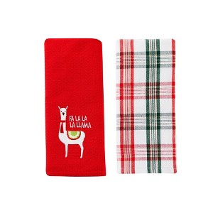 SKL Home Fa La Llama Red Waffle Design Embroidery 2-Piece Dish Towel Set - 16x26", Red - 1 of 4