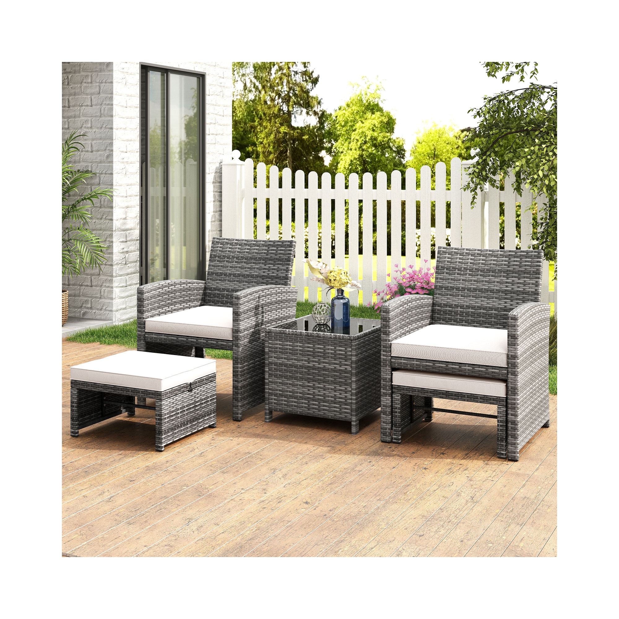 Costway 5 Pieces Patio Furniture Set PE Wicker Outdoor Lounge Chairs with 2 Ottomans White