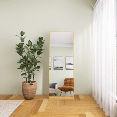 64 x 24" Elevated Tempered Glass Full-Length Mirror with Stand - Wall-Attachable Metal Framed Mirror for Living and Bedroom