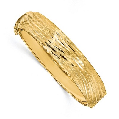 Black Bow Jewelry 14.25mm 14k Yellow Gold Textured & D/C Hinged Bangle Bracelet