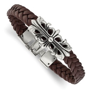 Black Bow Jewelry Stainless Steel & Brown Leather Fleur de Lis Cross Bracelet, 8.5 Inch - 1 of 4