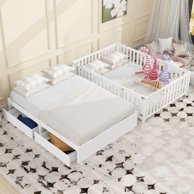 NicBex Twin Size Wooden Daybed, Modern Sofa Bed Frame with 2 Storage Drawers, Fence and Door for Boy and Girl
