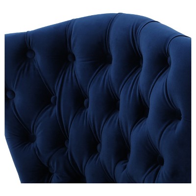 Navy Blue Velvet Upholstered Dining Side Chairs with Natural Rubberwood Legs