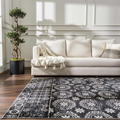 Hauteloom Kahraman Black&White Floral Washable Area Rug