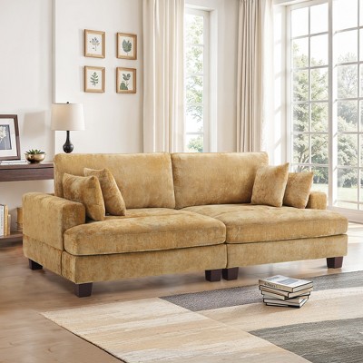 Arceso 88'' Adjustable Back Height Upholstered Sofa, 3-seater Sofa with Adjustable headrest, Solid rubberwood frame, Four toss pillows included