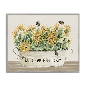 Stupell Industries Happiness Bloom Insect Bee Hovering Rustic Flower Jar Framed Giclee Art, Gray, 14" x 11" - 1 of 4