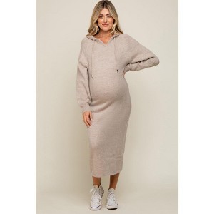 PinkBlush Beige Hooded Maternity Sweater Midi Dress - 1 of 4