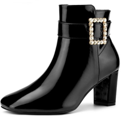 BLISSFUL STEP Women's Square Toe Chunky Heel Rhinestone Buckle Decor Ankle Boots